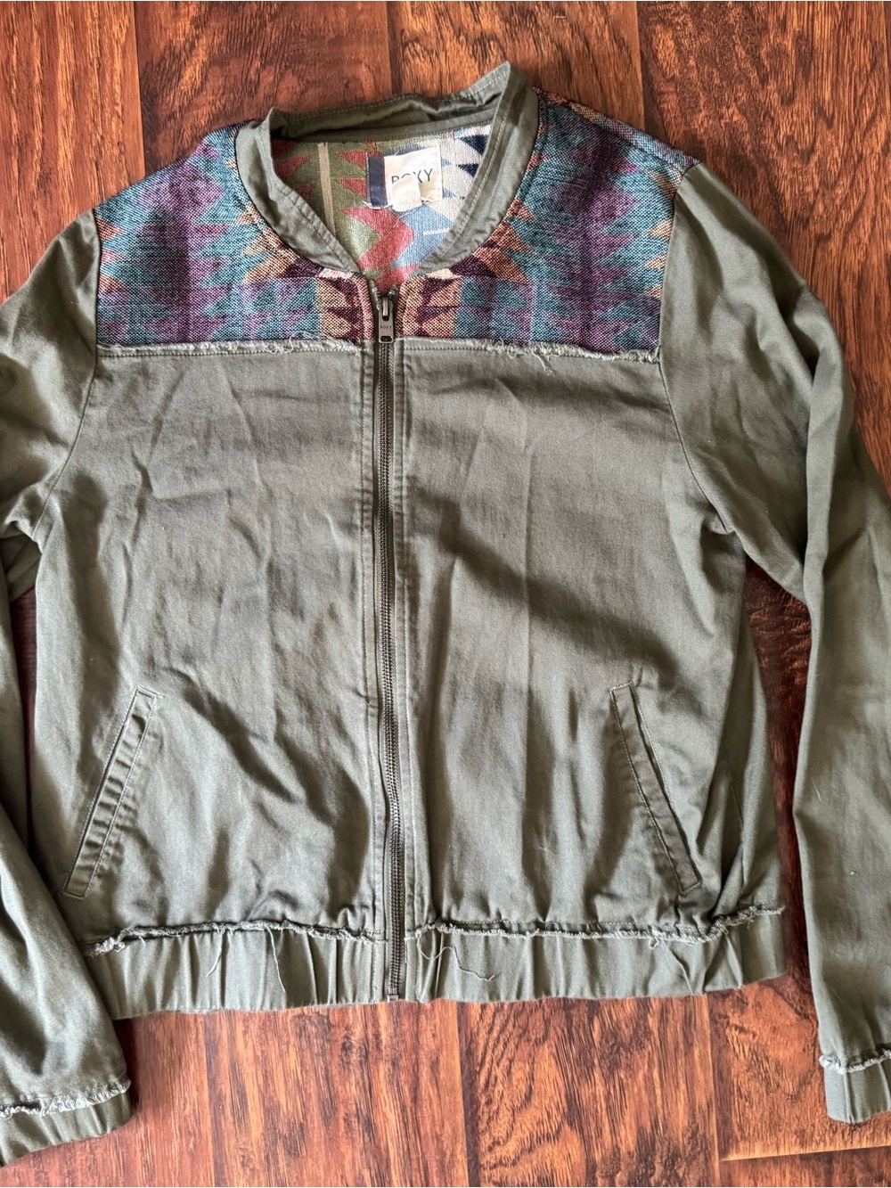 Roxy Women’s Olive Green Bomber Jacket with Multicolor Pattern Cotton Fall